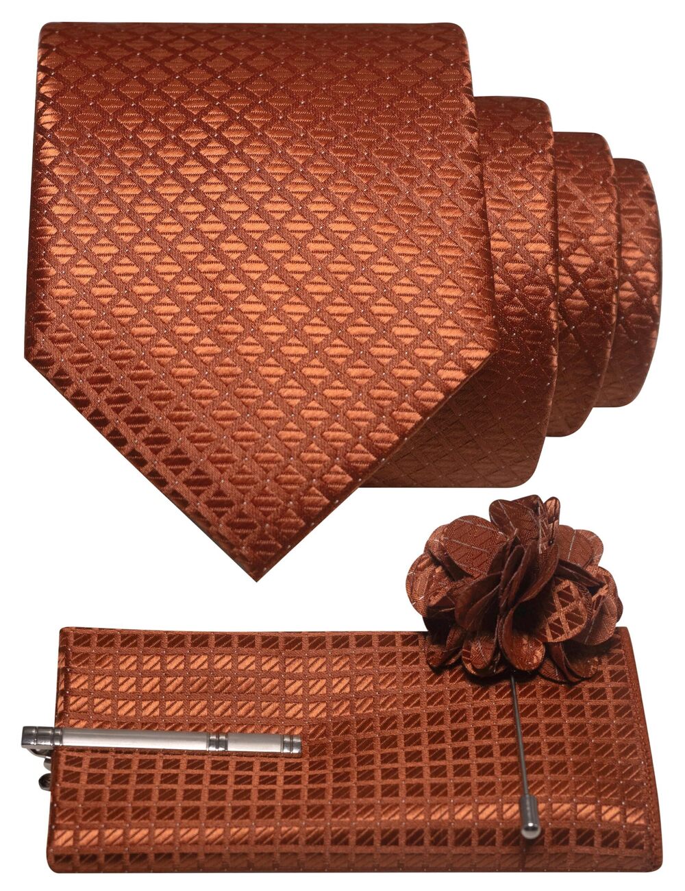 4835 Plaid Rust Tie and Lapel Pin Necktie Pocket Square and Tie Clip